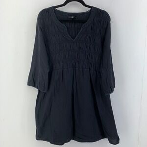 Ellos Black 100% Cotton Smocked V-Neck Tunic Dress 3/4 Sleeve Size 18/20 L